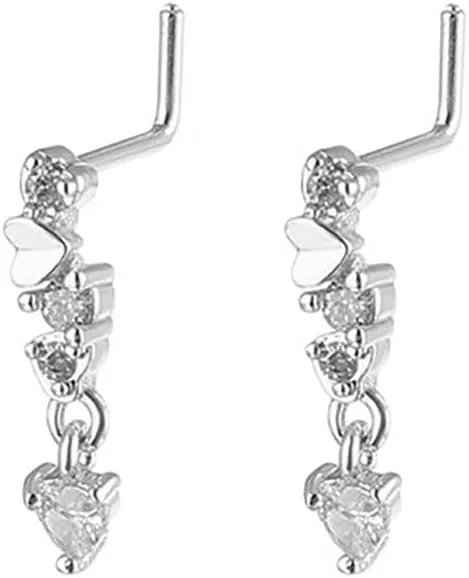2Pcs 20G Heart Dangle Nose Studs Rings for Women Surgical Steel L-Shaped Nose Rings L Bend Screws Long Dangling Nostril Piercing Jewelry