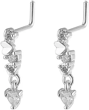 2Pcs 20G Heart Dangle Nose Studs Rings for Women Surgical Steel L-Shaped Nose Rings L Bend Screws Long Dangling Nostril Piercing Jewelry