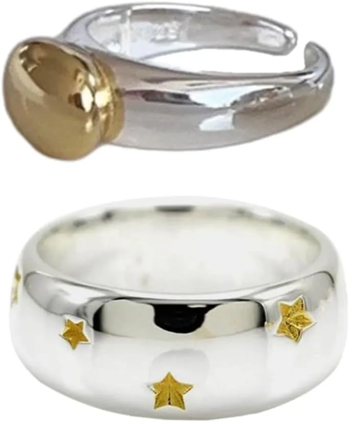 2Pcs Adjustable Couple Rings Elegant Star and Bean Rings Set Stylish Finger Bands Jewelry for Couple