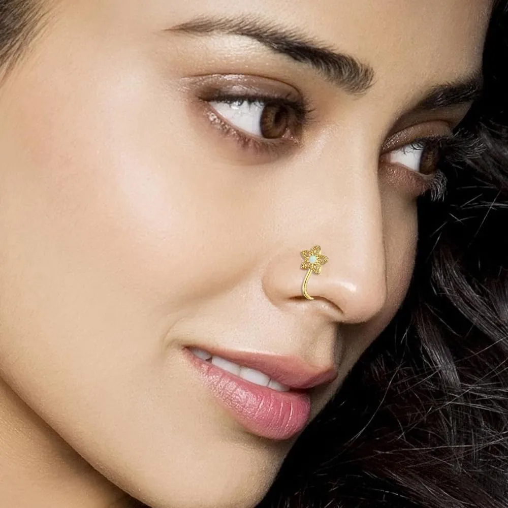 2Pcs Opal Flower Fake Nose Rings for Women Stainless Steel Floral Clip On Non Piercing Nose Ring Nose Cuff Fake Nose Piercing Jewelry