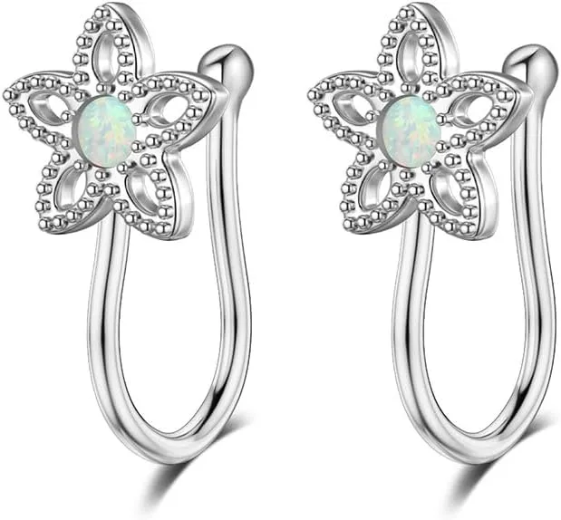 2Pcs Opal Flower Fake Nose Rings for Women Stainless Steel Floral Clip On Non Piercing Nose Ring Nose Cuff Fake Nose Piercing Jewelry