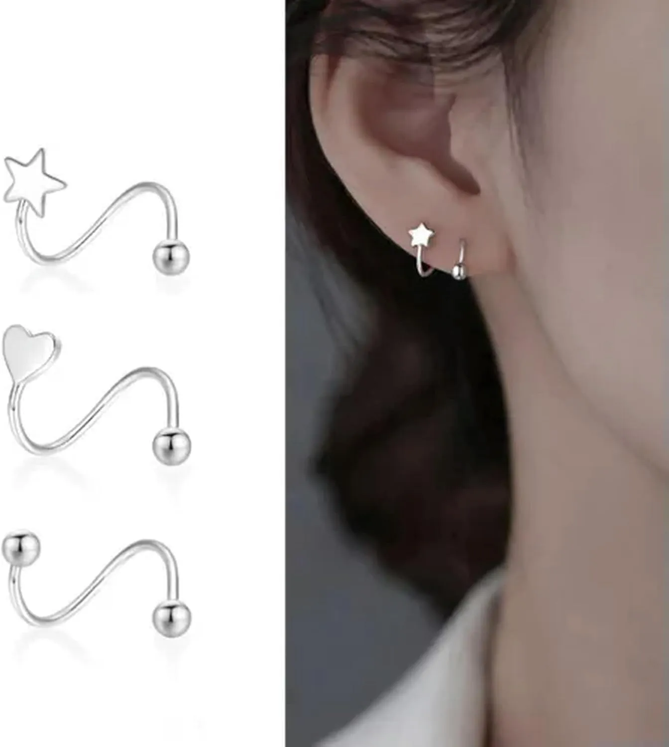 2pcs Stainless Steel Spiral Twisted Lip Ring Tongue Piercing Heart Star Ear Stud-A3