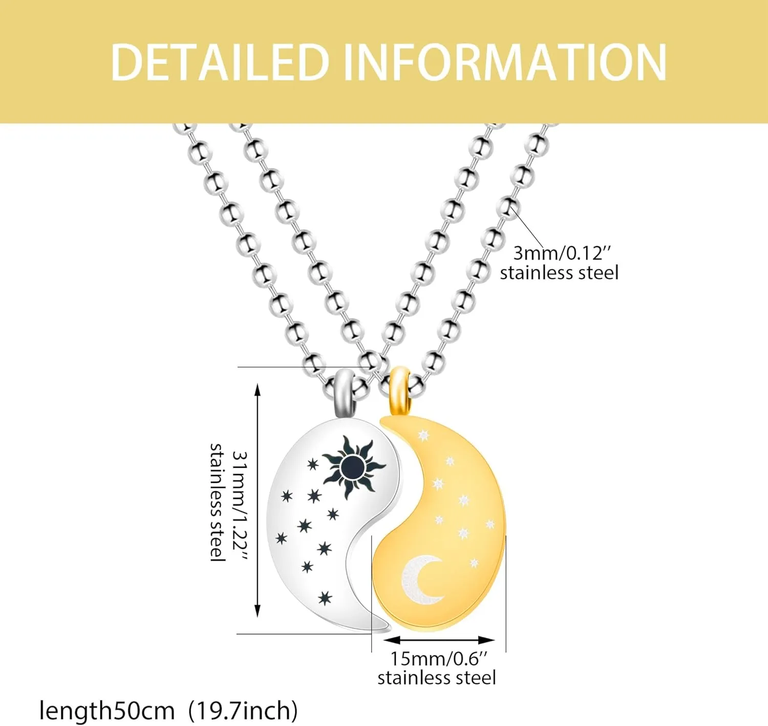 2Ps Tai Chi Puzzle Couple Matching Necklaces - Sun and Moon Pendant Necklace Set for Men and Women YA4562