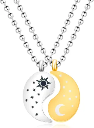 2Ps Tai Chi Puzzle Couple Matching Necklaces - Sun and Moon Pendant Necklace Set for Men and Women YA4562