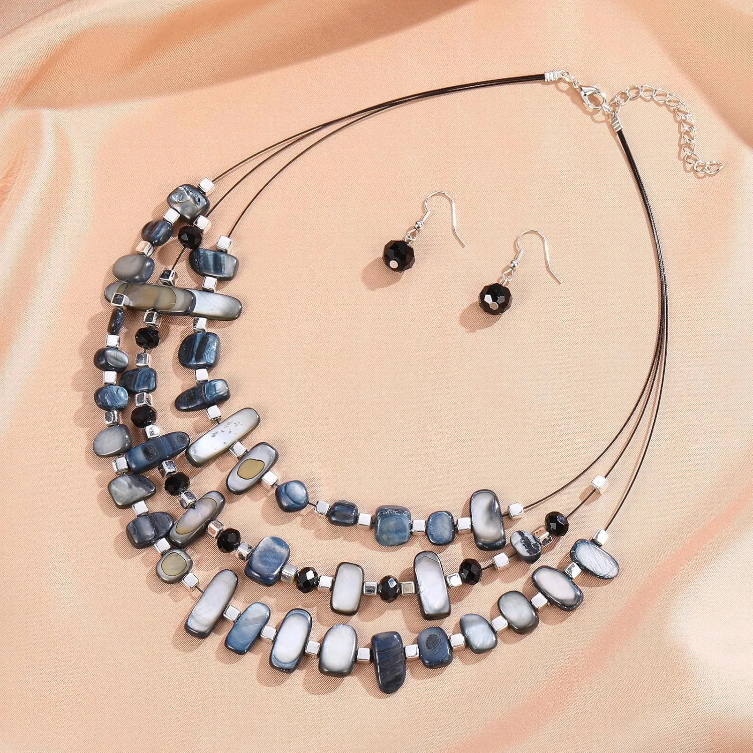 3 Layered Chunky Statement Necklace for Women Beaded Strand Necklaces with Earring Fashion Costumes Collar Necklace Jewelry Sets Gifts for Women