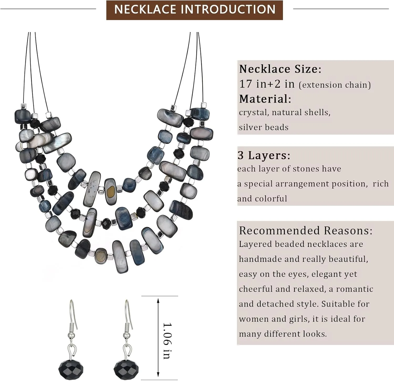 3 Layered Chunky Statement Necklace for Women Beaded Strand Necklaces with Earring Fashion Costumes Collar Necklace Jewelry Sets Gifts for Women