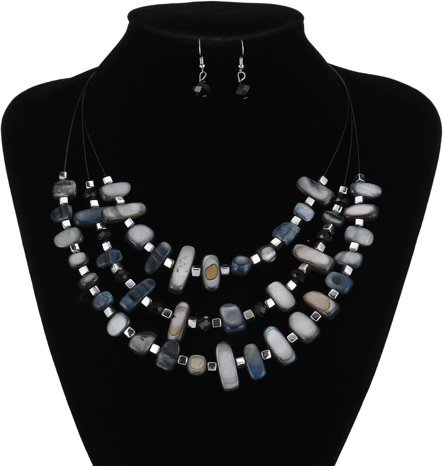 3 Layered Chunky Statement Necklace for Women Beaded Strand Necklaces with Earring Fashion Costumes Collar Necklace Jewelry Sets Gifts for Women