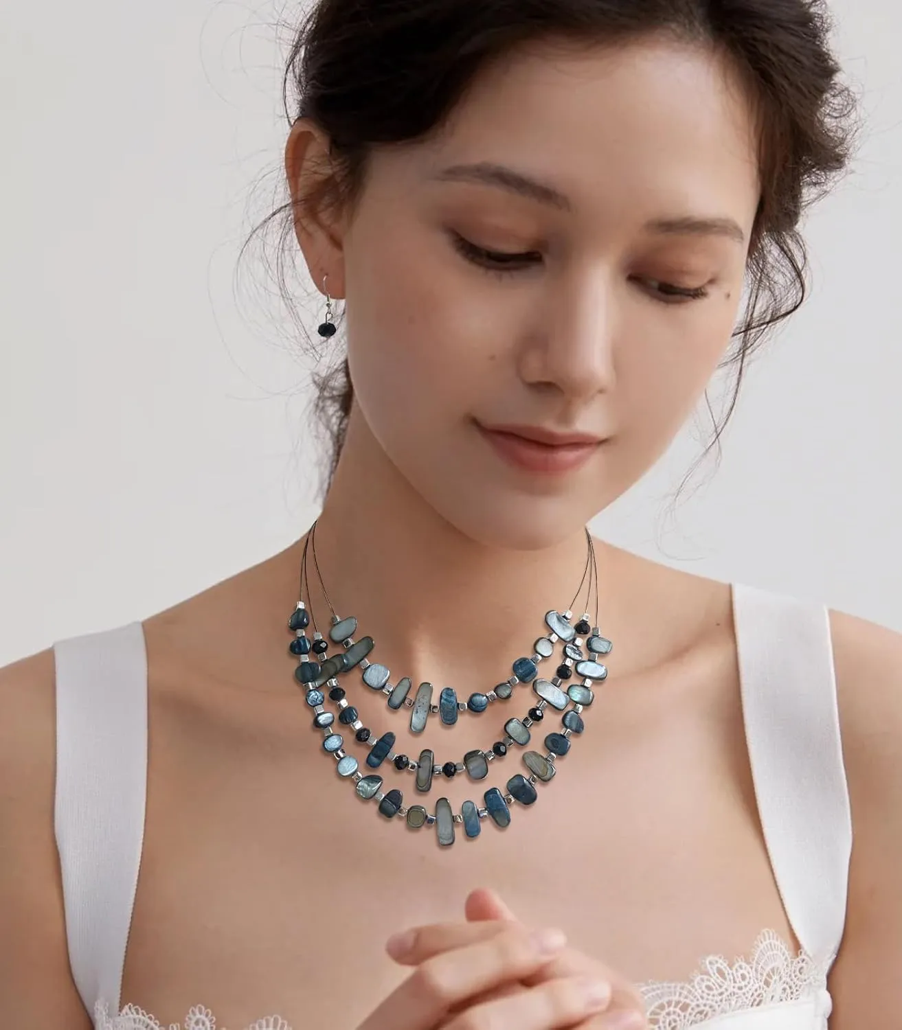 3 Layered Chunky Statement Necklace for Women Beaded Strand Necklaces with Earring Fashion Costumes Collar Necklace Jewelry Sets Gifts for Women