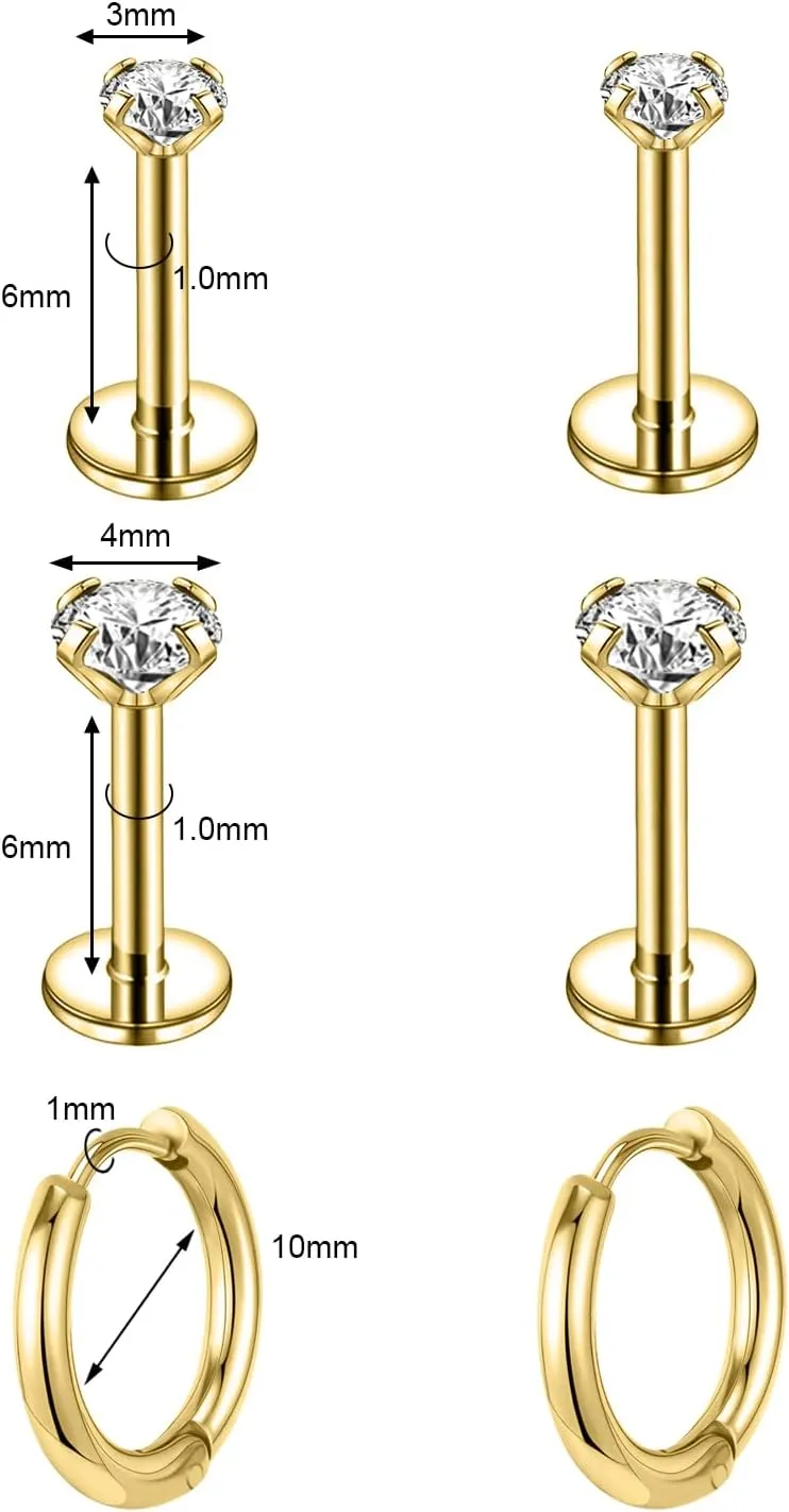 3 Pairs Stainless Steel Earrings Sets, Lightweight and Small Huggie 14K Gold Plated Simple Hoop Earrings Flat Back Cubic Zirconia CZ Stud Earrings Cartilage Hypoallergenic Suitable Men or Women