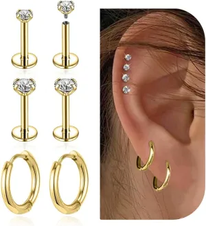 3 Pairs Stainless Steel Earrings Sets, Lightweight and Small Huggie 14K Gold Plated Simple Hoop Earrings Flat Back Cubic Zirconia CZ Stud Earrings Cartilage Hypoallergenic Suitable Men or Women