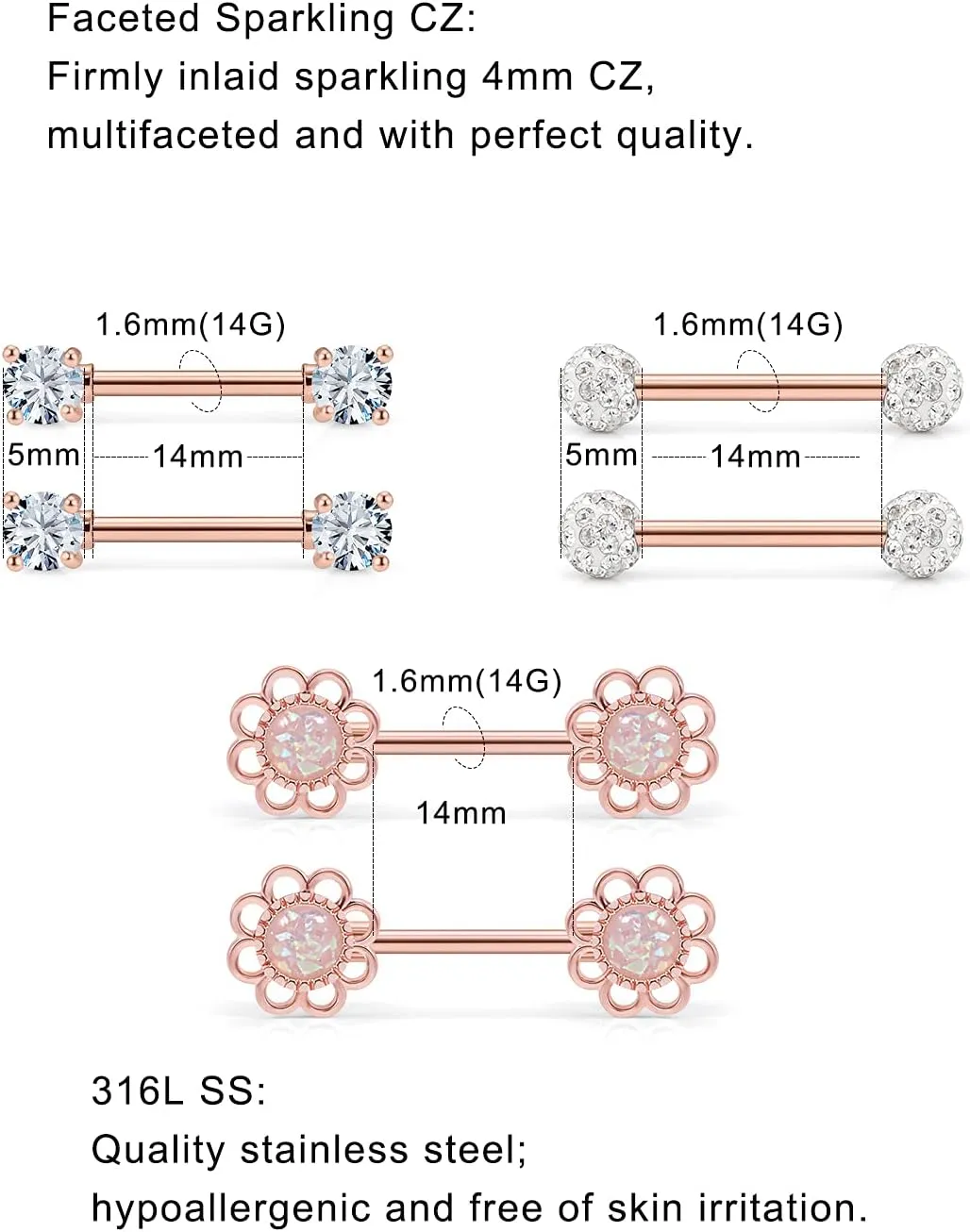 3 Pairs Stainless Steel Nipple Ring CZ Straight Barbell Rhinestone Nipple Studs Body Piercing Jewelry for Women