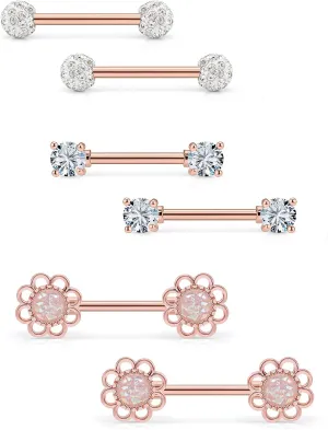 3 Pairs Stainless Steel Nipple Ring CZ Straight Barbell Rhinestone Nipple Studs Body Piercing Jewelry for Women