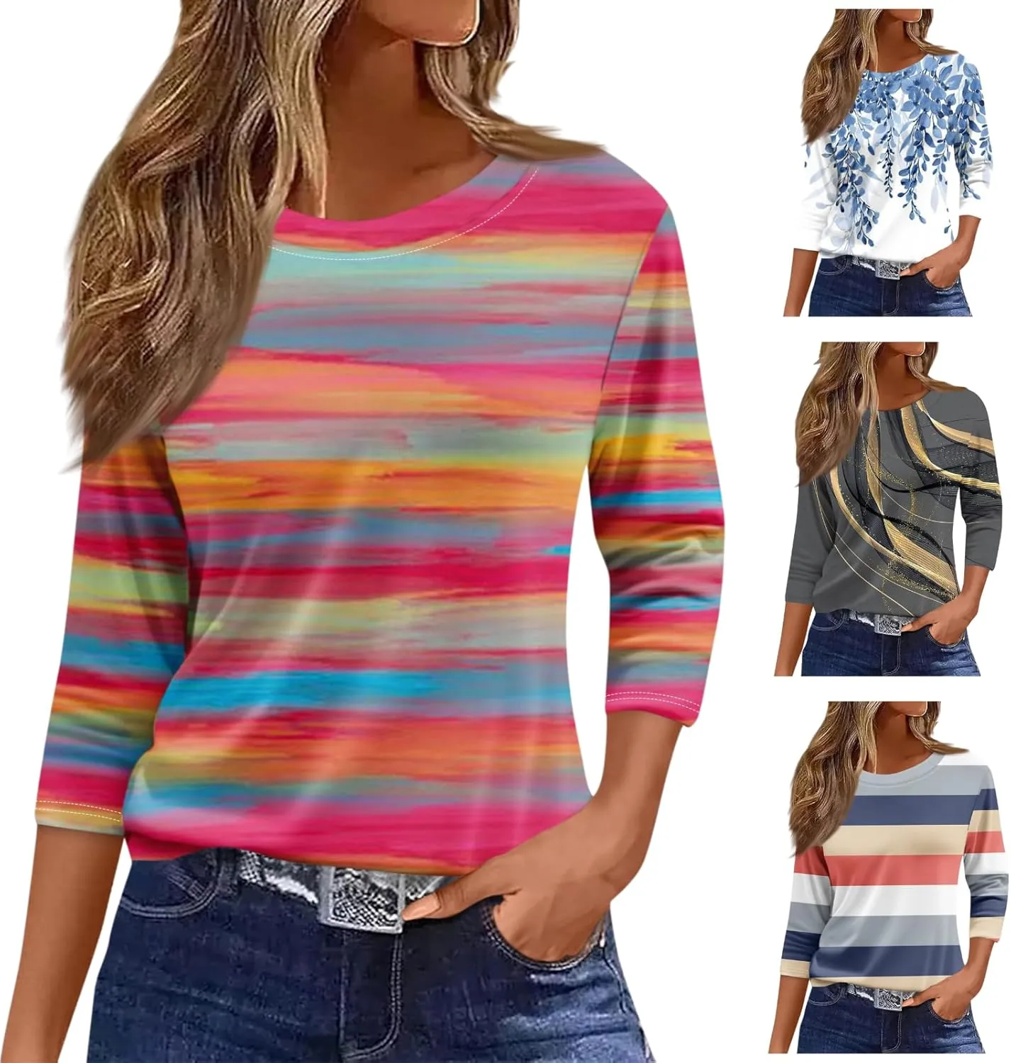 3/4 Length Sleeve Womens Tops Fashion Floral Print Vintage Tshirts 2025 Summer Casual Loose Crew Neck Blouses