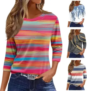3/4 Length Sleeve Womens Tops Fashion Floral Print Vintage Tshirts 2025 Summer Casual Loose Crew Neck Blouses