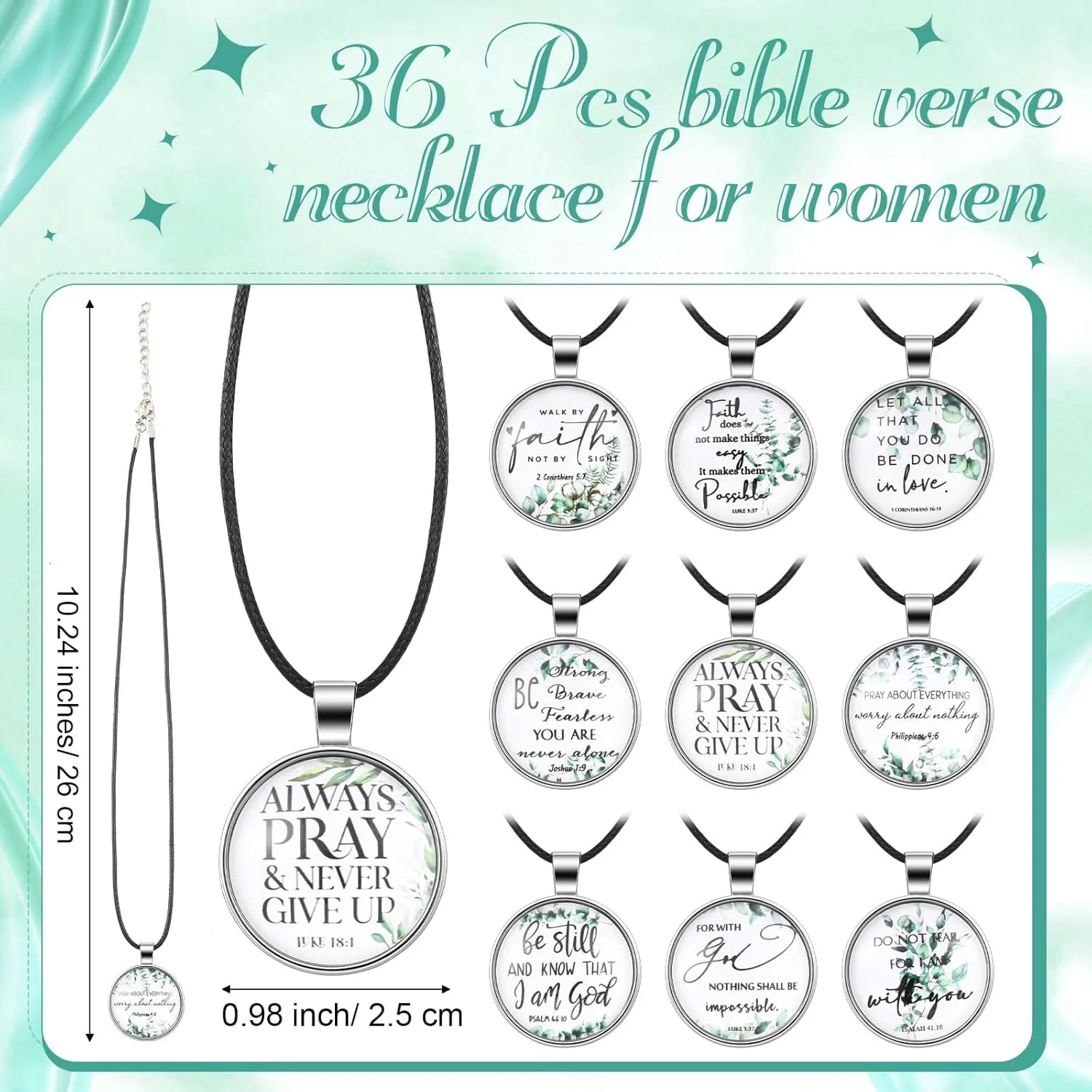 36 Pcs Bible Verse Necklace for Women Men Christian Prayer Necklace Bulk Scripture Pendant with 18 Inch Chain Inspirational Religious Jewelry Spiritual Fathers Day Gifts for Church