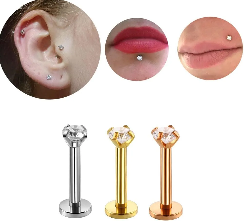 3Pairs 18g Round CZ Labret Cartilage Tragus Monroe Lip Nose Helix Studs Earrings for Women Men Stainless Steel Cubic Zirconia Huggie Tiny Small Mini Stud Fashion Piercing Jewelry Gifts