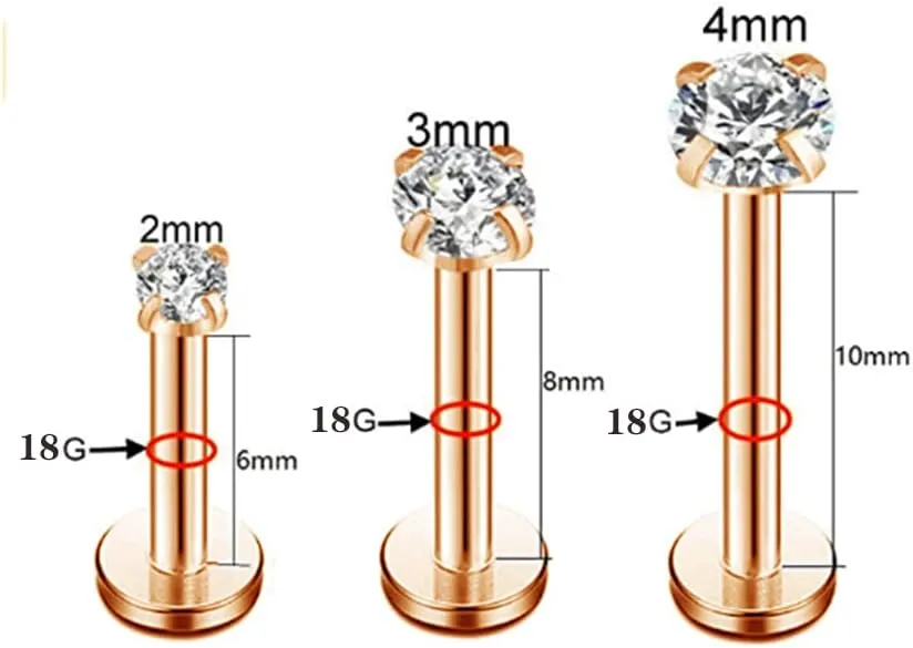 3Pairs 18g Round CZ Labret Cartilage Tragus Monroe Lip Nose Helix Studs Earrings for Women Men Stainless Steel Cubic Zirconia Huggie Tiny Small Mini Stud Fashion Piercing Jewelry Gifts