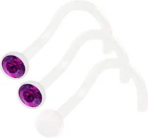 3Pcs 18g 1mm Nose Screw Rings Bioflex Flexible Corkscrew Nostril Piercing Jewelry 2.5mm Crystal - Amethyst