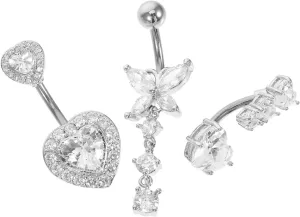 3pcs Navel Piercing Rings: Butterfly and Heart Belly Button Jewelry Titanium Alloy with Zircon Navel Ring for Womens Fashion Outfit DIY Wear