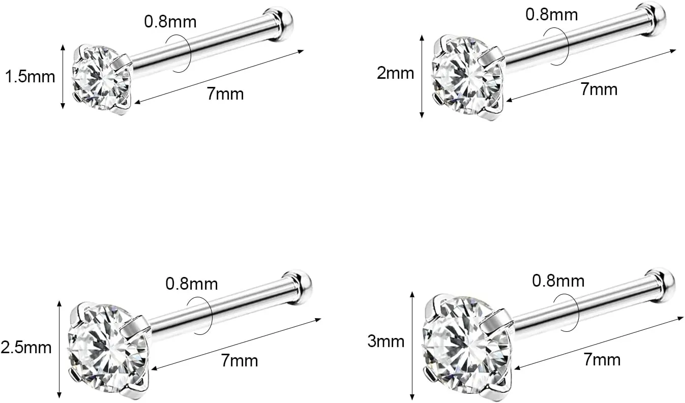 4-6pcs 20g Nose Rings Studs Surgical Steel Nose Rings CZ L Shaped Corkscrew Nose Ring Studs for Women Men Small Cute Silver Rose Gold Black Nose Rings Stud 1.5mm 2mm 2.5mm 3mm Nostril Piercing jewelry