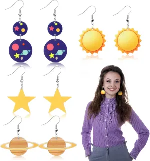 4 Pairs School Bus Earrings Teacher Halloween Costume Women Planet Earrings Moon Star Space Cute Drop Dangle Acrylic Sun Fun Earrings for School Teacher Gifts