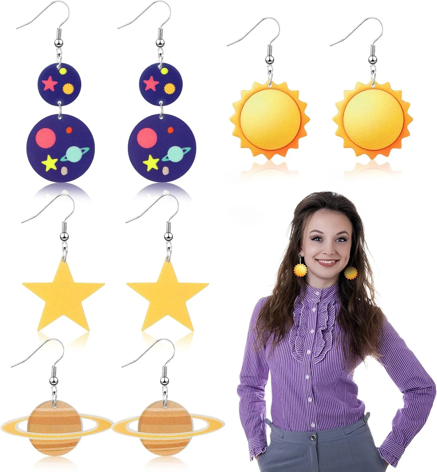 4 Pairs School Bus Earrings Teacher Halloween Costume Women Planet Earrings Moon Star Space Cute Drop Dangle Acrylic Sun Fun Earrings for School Teacher Gifts