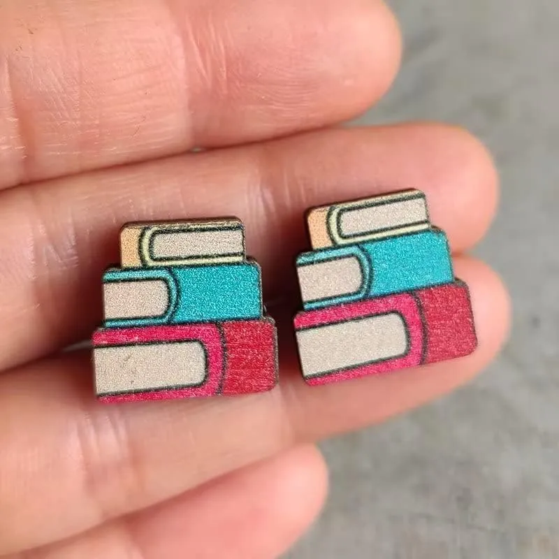 4 Pairs Teacher Earrings for Women Wooden Book Rainbow Pencil Apple Stud Earrings Back to School Jewelry Teacher Appreciation Gifts