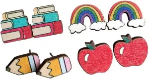 4 Pairs Teacher Earrings for Women Wooden Book Rainbow Pencil Apple Stud Earrings Back to School Jewelry Teacher Appreciation Gifts
