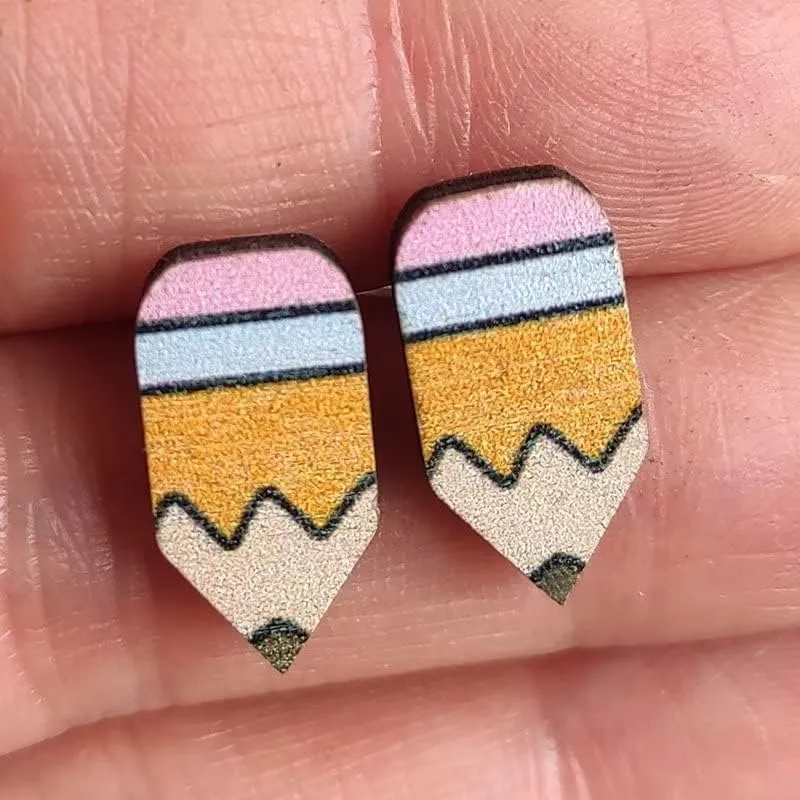 4 Pairs Teacher Earrings for Women Wooden Book Rainbow Pencil Apple Stud Earrings Back to School Jewelry Teacher Appreciation Gifts