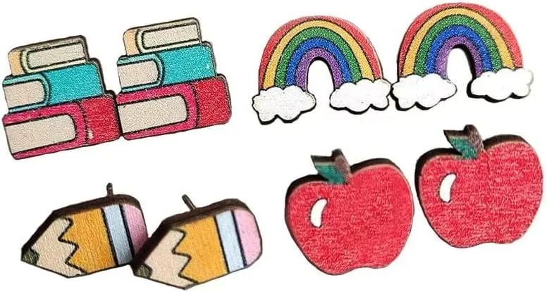 4 Pairs Teacher Earrings for Women Wooden Book Rainbow Pencil Apple Stud Earrings Back to School Jewelry Teacher Appreciation Gifts