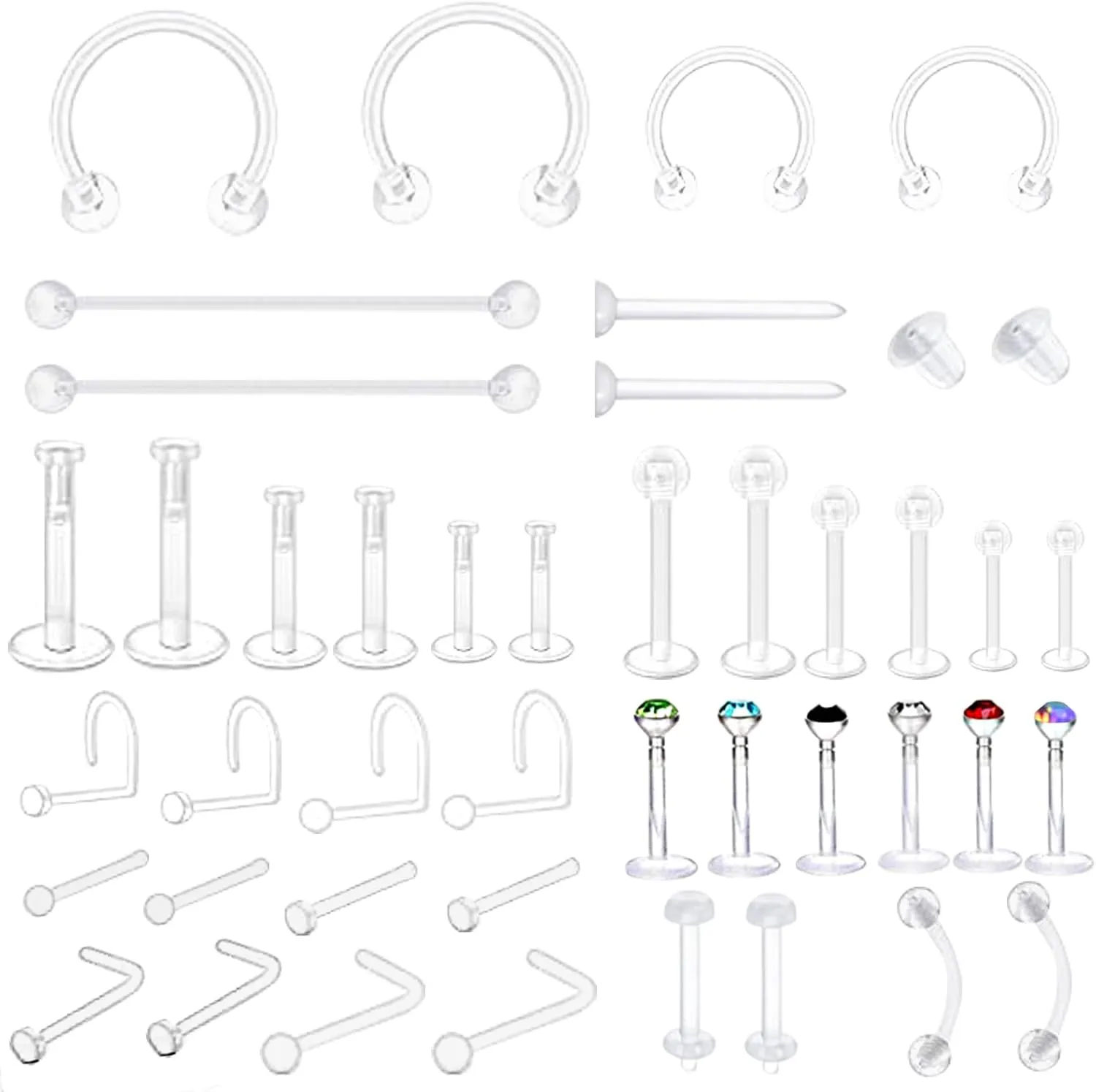 44pcs Clear Piercing Retainers Acrylic Invisible Surgery Nose Rings Stud Lip Cartilage Tragus Labret Ring Studs Rhinestone Jewelry Tongue Barbells Belly Earrings for Daily Wearing Work