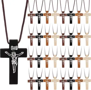 48 Pcs Mini Wood Cross Necklace Bulk Small Wood Cross Pendant Necklace for Men DIY Art Crafts Christian Faith Religious for Car Rearview Mirror Pendant Decoration