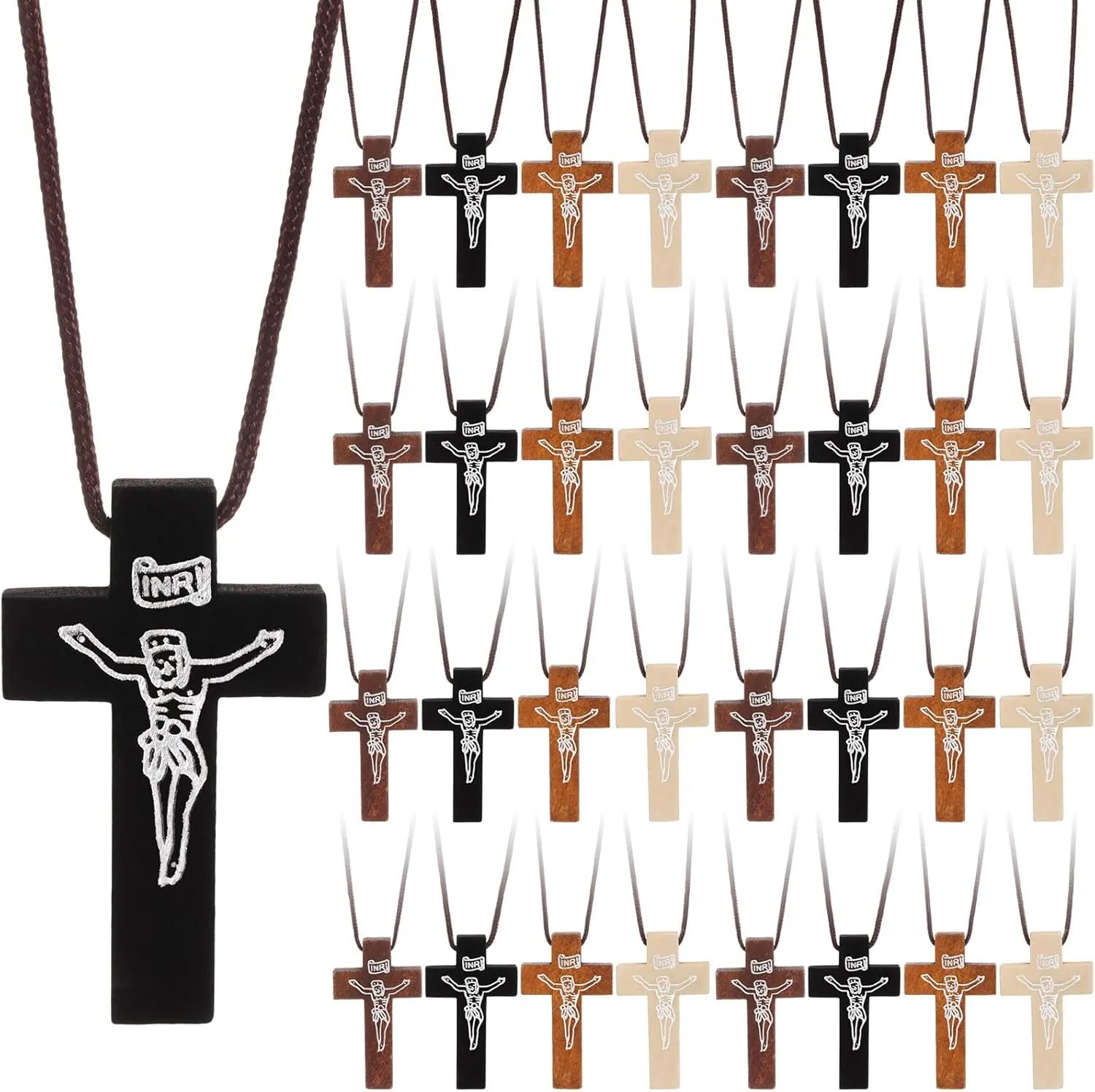 48 Pcs Mini Wood Cross Necklace Bulk Small Wood Cross Pendant Necklace for Men DIY Art Crafts Christian Faith Religious for Car Rearview Mirror Pendant Decoration