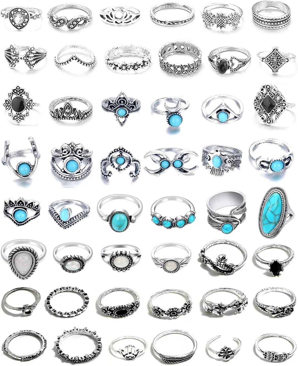 48 Pcs Vintage Turquoise Rings Set - Silver Knuckle, Western, Boho Oval Gemstone Midi Stacking Rings for Women