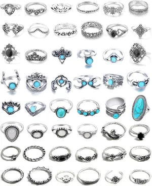 48 Pcs Vintage Turquoise Rings Set - Silver Knuckle, Western, Boho Oval Gemstone Midi Stacking Rings for Women