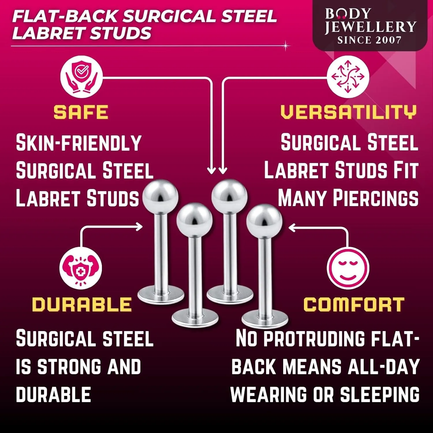 4pcs 14g Labret Studs Lip Ring Snake Spider Bite Forward Helix Monroe Dahlia Inner Conch Surgical Steel 4mm Ball Pick Size