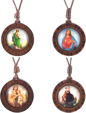 4pcs Mixed Religious Saint Medals Necklace - Wood Pendant Adjustable Necklace with Jesus, St. Jude, St. Joseph, St. Francis - Protection & Religious Gift