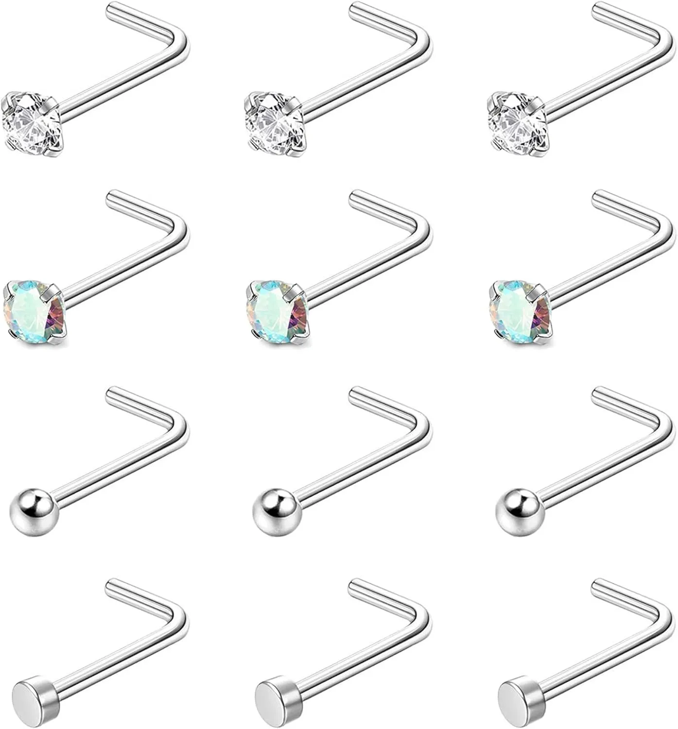 6-15Pcs 20G Nose Studs 18G Nose Rings Hoop for Women Men 316L Stainless Steel Straight L Shaped Nose Studs Nose Piercing Jewelry Silver Gold (Silver-12Pcs)