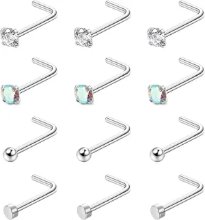 6-15Pcs 20G Nose Studs 18G Nose Rings Hoop for Women Men 316L Stainless Steel Straight L Shaped Nose Studs Nose Piercing Jewelry Silver Gold (Silver-12Pcs)
