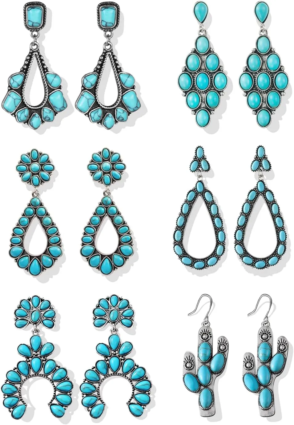 6 Pairs Turquoise Vintage Boho Teardrop Dangle Earrings for Women,Geometric Ethnic Style Vintage cactus fun Hoop Earrings Christmas Earrings for Women