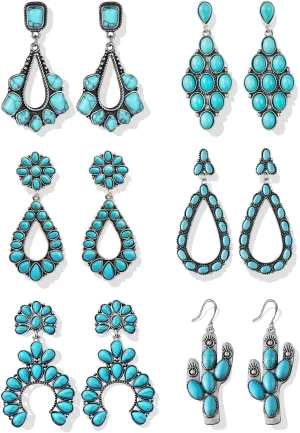 6 Pairs Turquoise Vintage Boho Teardrop Dangle Earrings for Women,Geometric Ethnic Style Vintage cactus fun Hoop Earrings Christmas Earrings for Women
