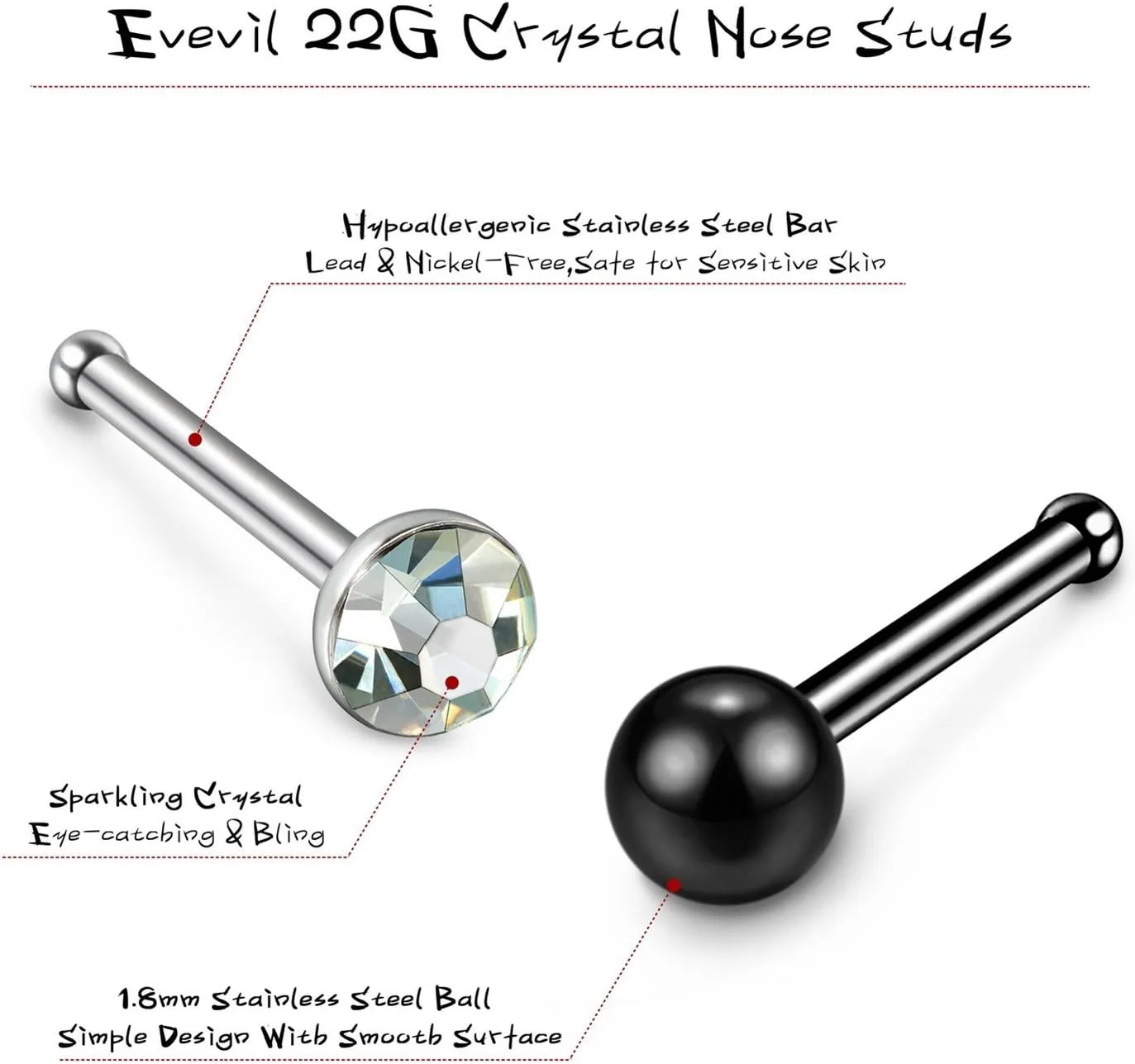 60pcs Small Nose Studs Stainless Steel CZ Nose Piercing Jewelry Tiny Bone Studs for Women Men Hypoallergenic 22G