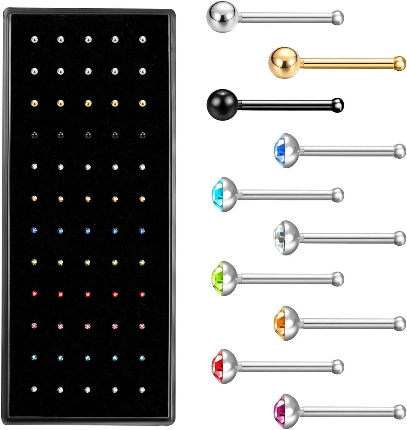 60pcs Small Nose Studs Stainless Steel CZ Nose Piercing Jewelry Tiny Bone Studs for Women Men Hypoallergenic 22G