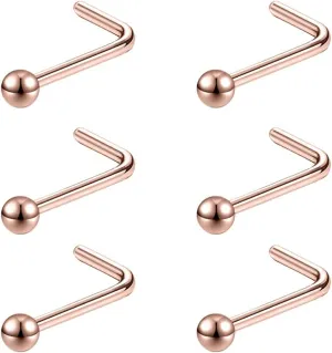 6pcs 20g Nose Studs 3mm Ball Flat Surgical Steel Nose Ring for Women Men Black Rose Gold Nose Stud L Shaped Corkscrew Nose Ring Studs Cute Nostril Nose Piercing Jewelry
