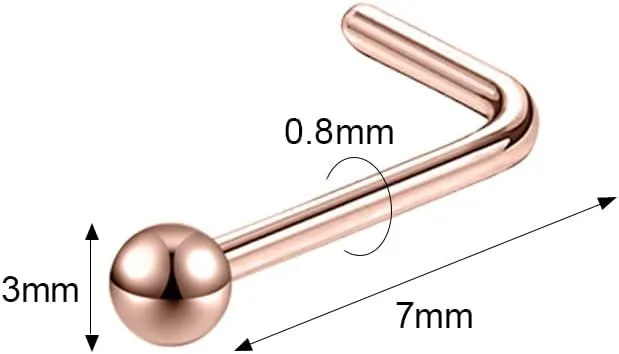 6pcs 20g Nose Studs 3mm Ball Flat Surgical Steel Nose Ring for Women Men Black Rose Gold Nose Stud L Shaped Corkscrew Nose Ring Studs Cute Nostril Nose Piercing Jewelry