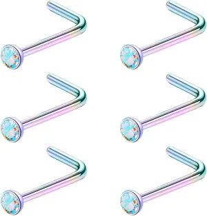 6pcs 20g Nose Studs Black Rose Gold Nose Rings Stainless Steel L Shaped Corkscrew Nose Ring Studs for Women Men Small Cute Nose Rings Stud 3mm Cz Nostril Piercing Jewelry