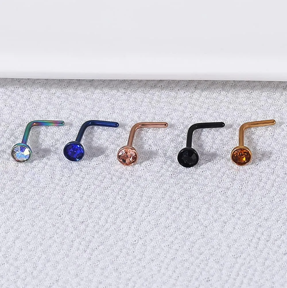 6pcs 20g Nose Studs Black Rose Gold Nose Rings Stainless Steel L Shaped Corkscrew Nose Ring Studs for Women Men Small Cute Nose Rings Stud 3mm Cz Nostril Piercing Jewelry