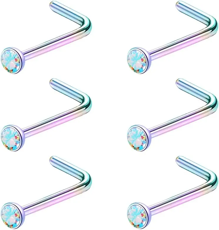 6pcs 20g Nose Studs Black Rose Gold Nose Rings Stainless Steel L Shaped Corkscrew Nose Ring Studs for Women Men Small Cute Nose Rings Stud 3mm Cz Nostril Piercing Jewelry