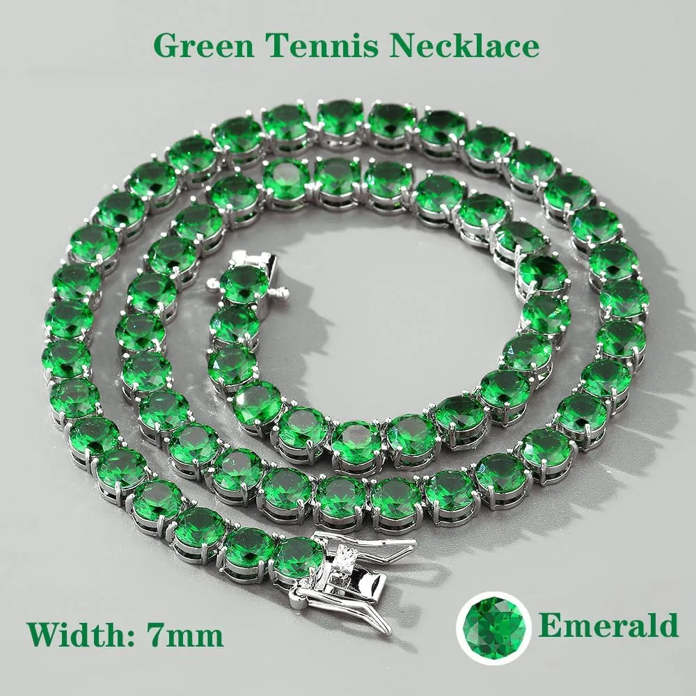 7MM Emerald Green Tennis Necklace Cubic Zirconia Baguette Tennis Diamond Choker Chain Necklaces For Men Women