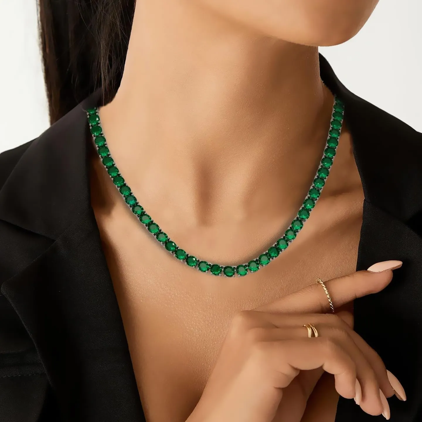 7MM Emerald Green Tennis Necklace Cubic Zirconia Baguette Tennis Diamond Choker Chain Necklaces For Men Women